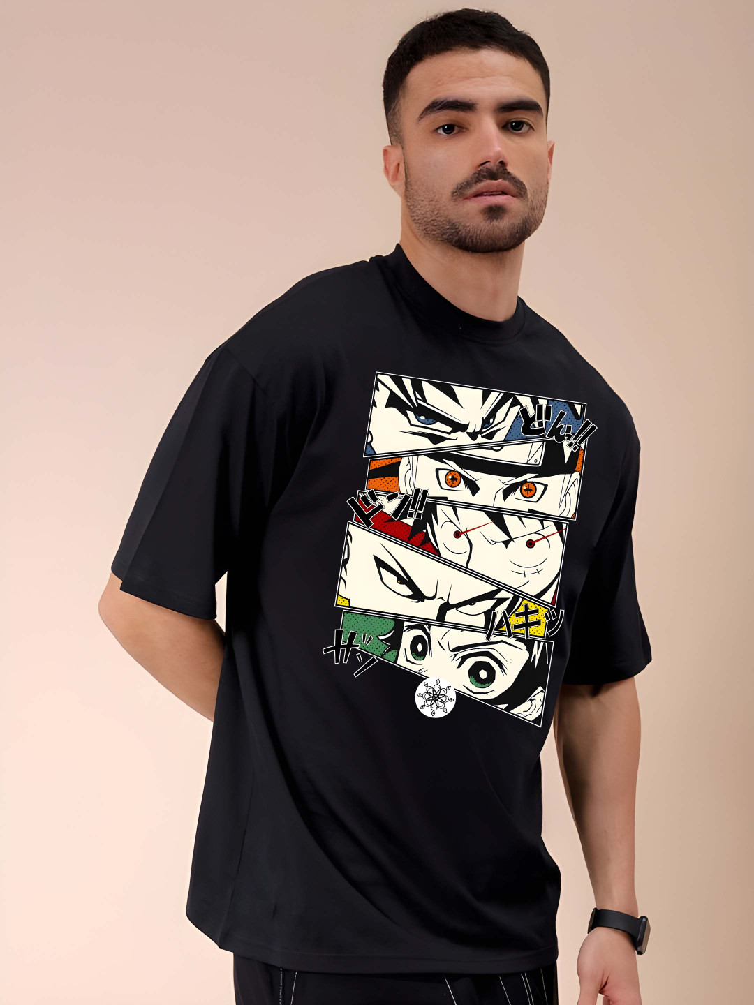 

Krimmple Men Graphic Printed Round Neck Cotton Oversized T-shirt, Black