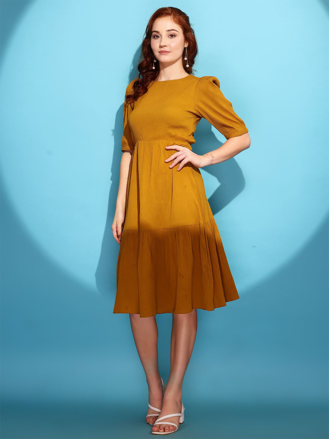 

Fashion2wear Women Round Neck Fit & Flare Dress, Mustard