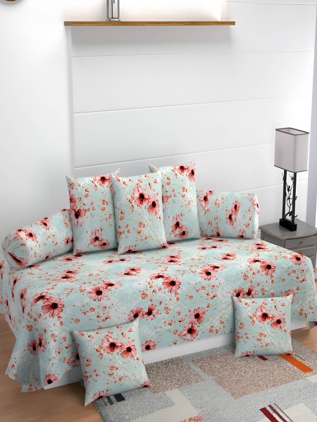 

Jizzby 8-Pcs Turquoise Blue & Pink Printed240TC DiwanSet