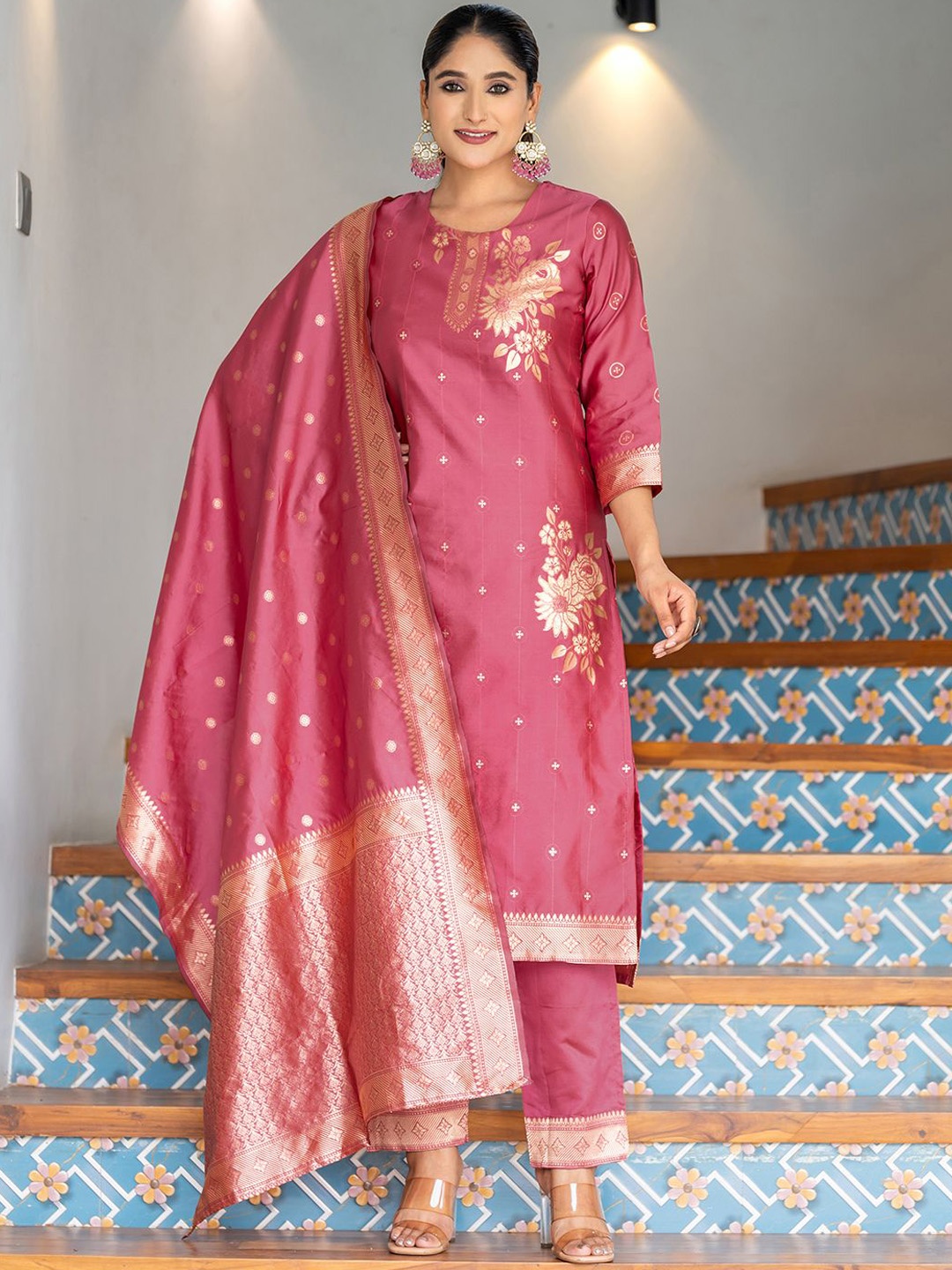 

KALINI Floral Woven Design Round Neck Straight Kurta With Trouser And Dupatta, Pink