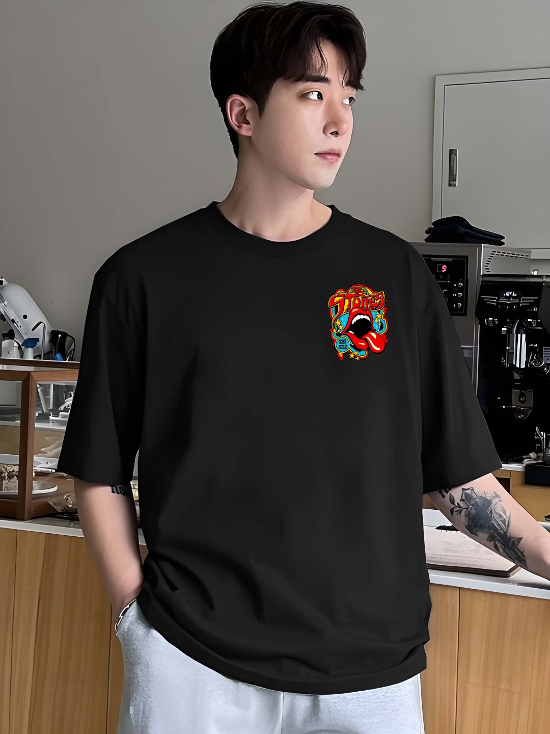 

Krimmple Men Graphic Printed Round Neck Cotton Oversized T-shirt, Black