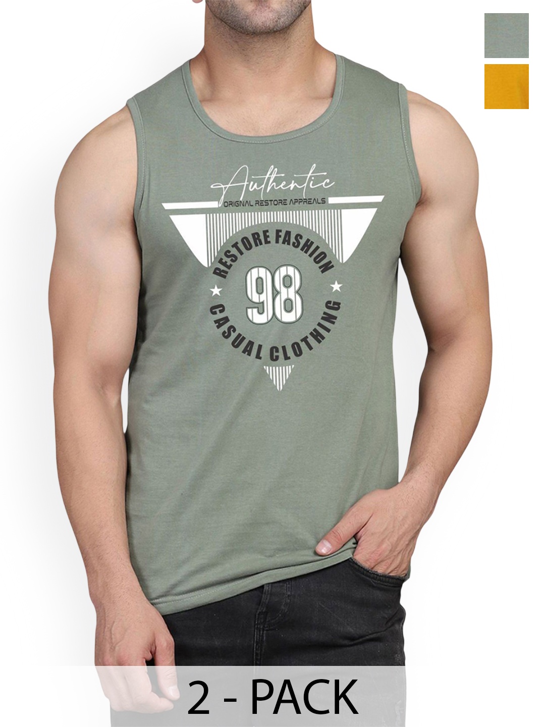 

WOOSTRO Men Pack Of 2 Printed Cotton Innerwear Gym Vests, Green