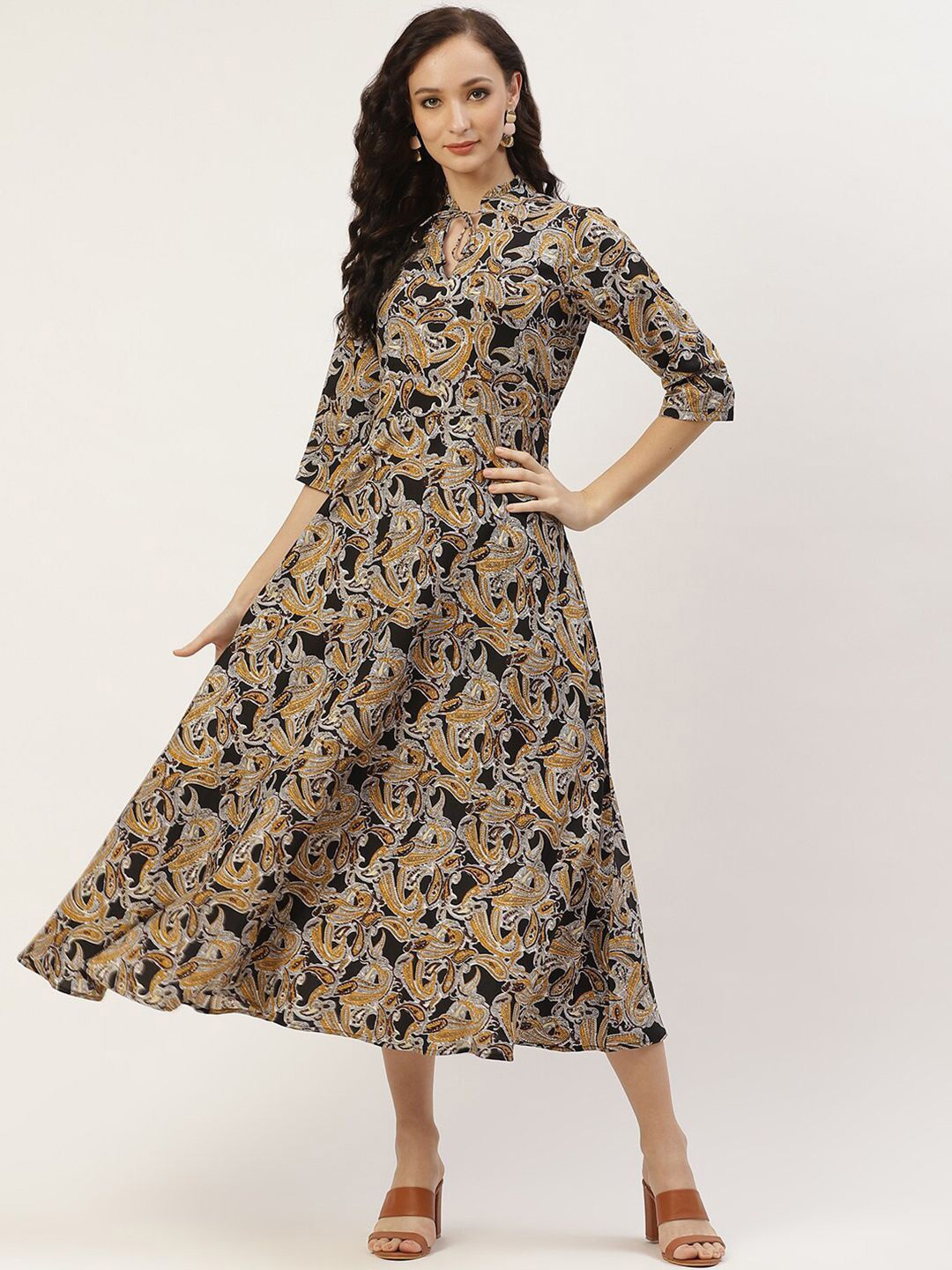 

DressBerry Floral Print Tie-Up Neck Crepe A-Line Midi Dress, Brown