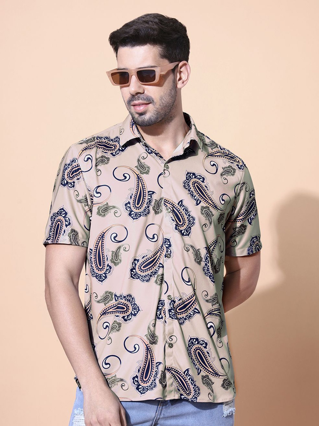 

Fesner Men Smart Fit Spread Collar Ethnic Motifs Printed Casual Shirt, Beige