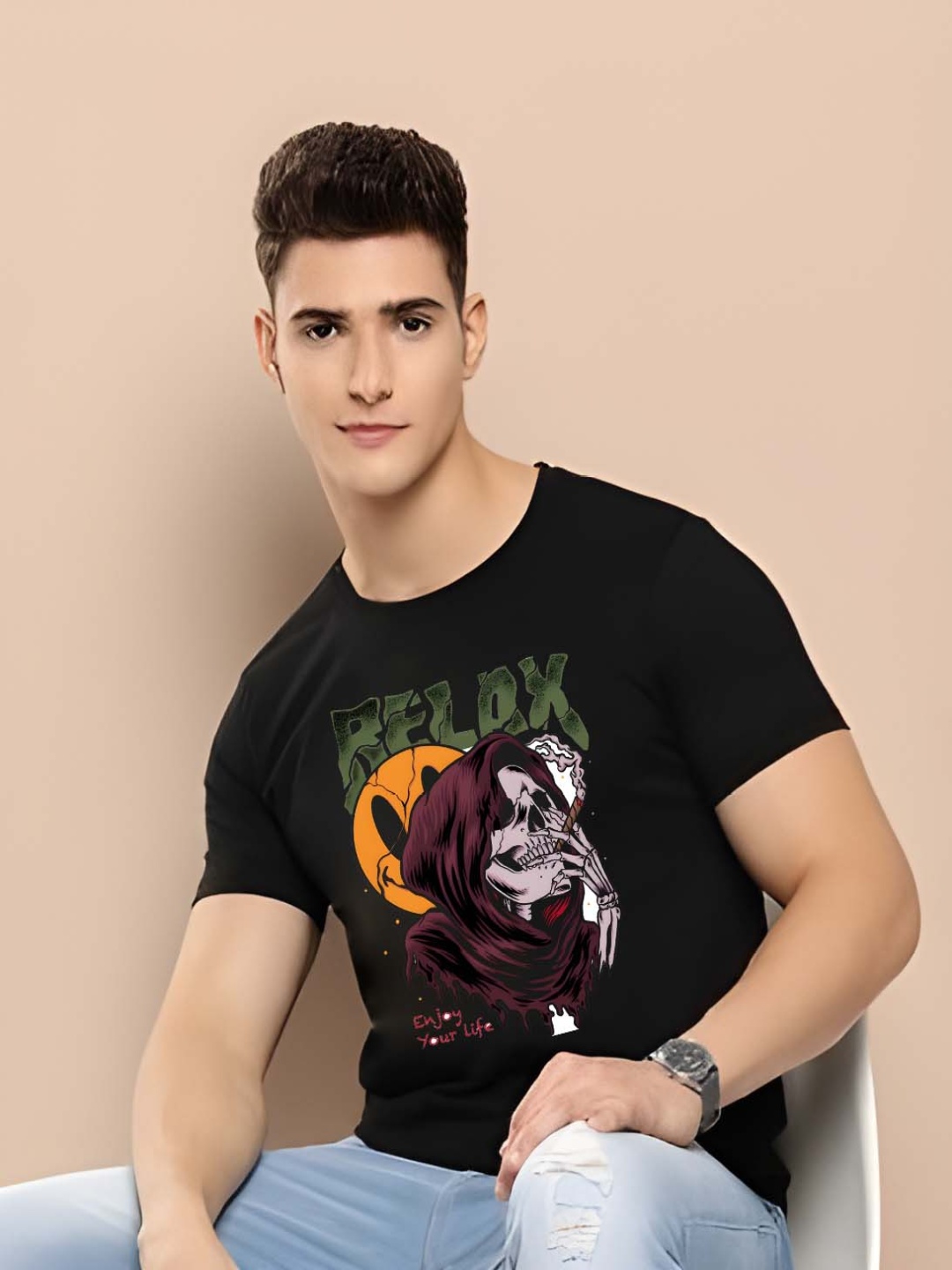 

Krimmple Men Graphic Printed Round Neck Cotton T-shirt, Black
