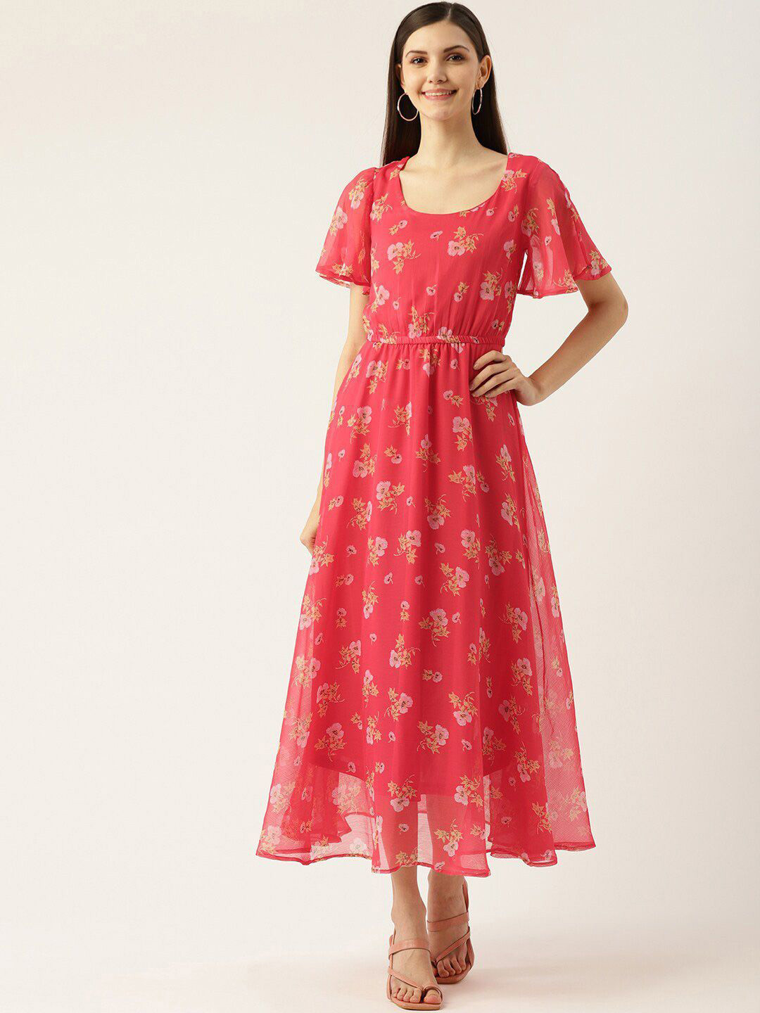 

DressBerry Floral Printed Flared Sleeve Chiffon Fit & Flare Midi Dress, Pink