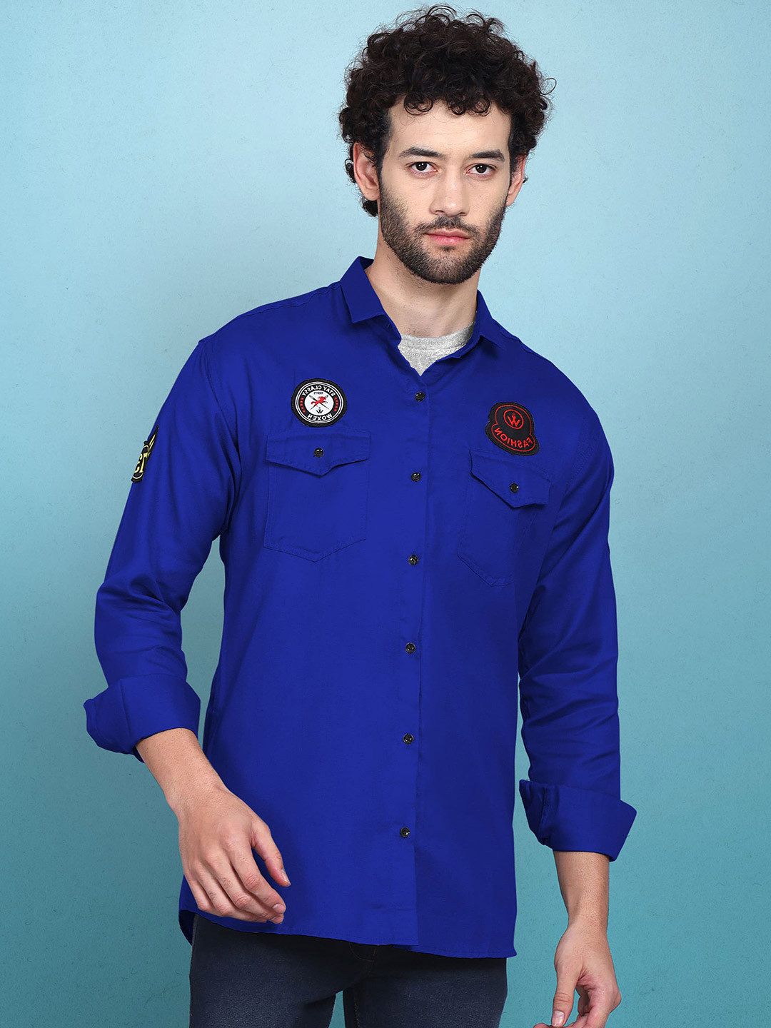 

WOXEN Men Original Fit Spread Collar Solid Cotton Casual Shirt, Blue