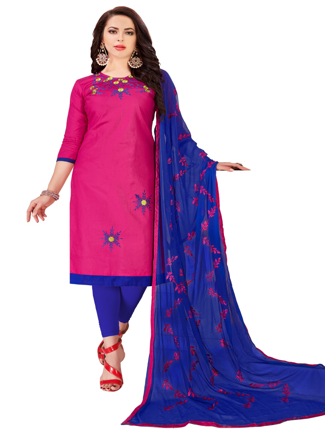 

HERE&NOW Floral Embroidered Unstitched Dress Material, Pink
