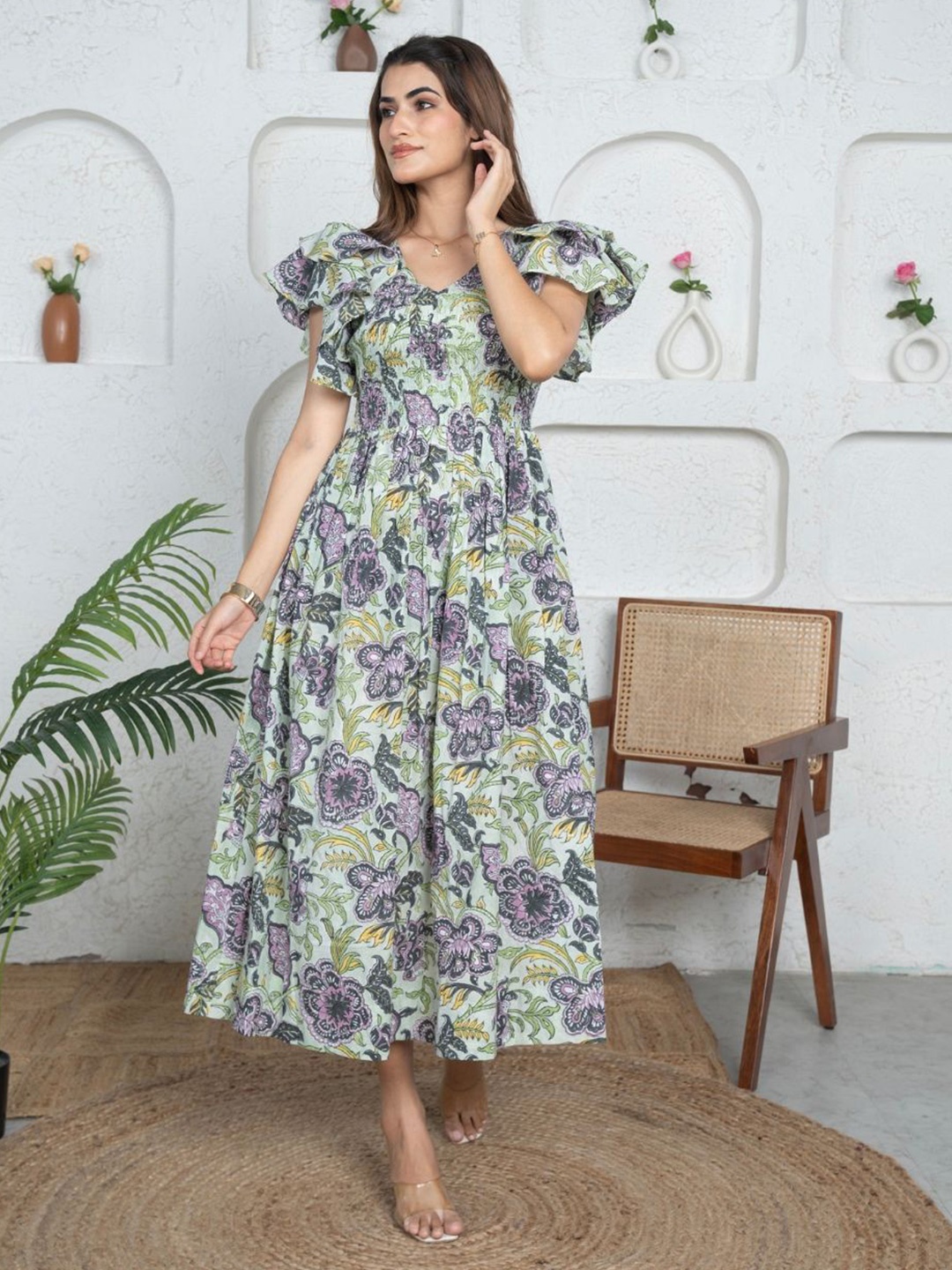 

KAJODI Women Floral Printed Fit-Flare Midi Dress, Green