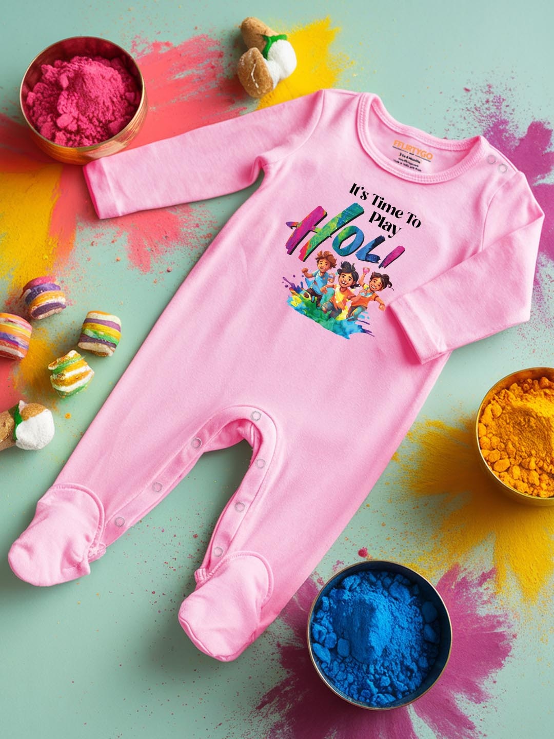 

FFLIRTYGO Infants Holi Printed Cotton Sleepsuit, Pink