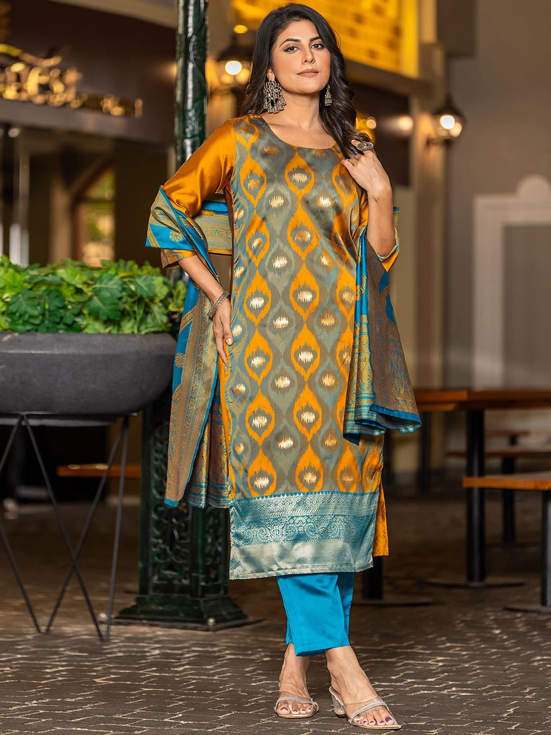 

KALINI Ethnic Motifs Woven Design Straight Kurta With Trousers And Dupatta, Mustard