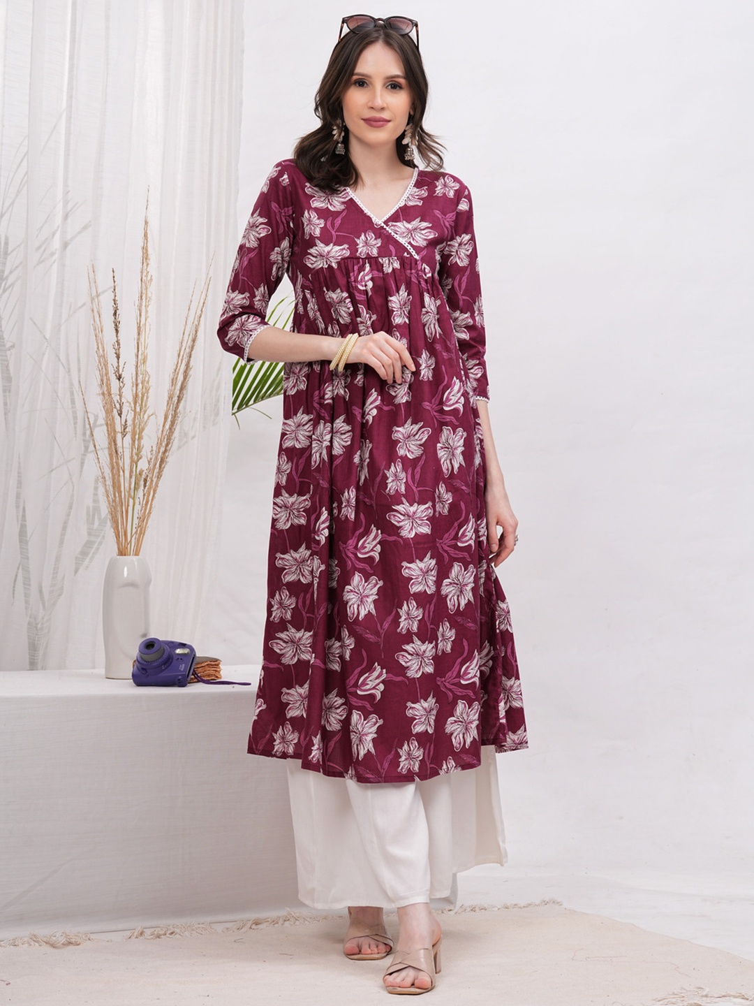 

Vilgi Floral Printed V-Neck Pleated Pure Cotton A-Line Kurta, Maroon