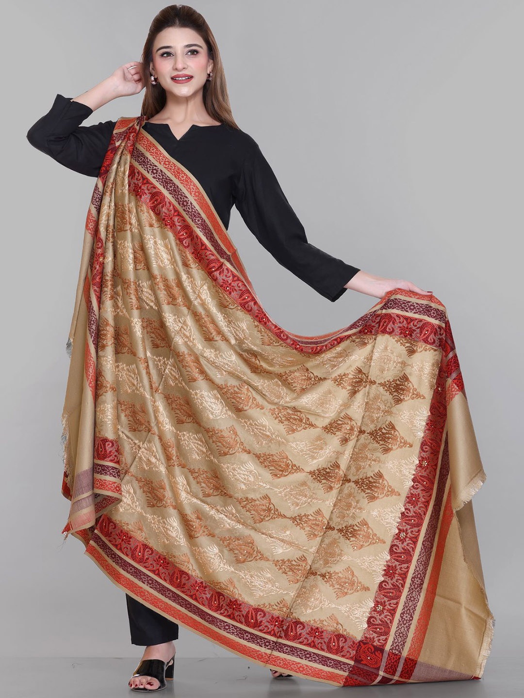 

Tones-N-Shades Ethnic Motifs Printed Shawl, Beige