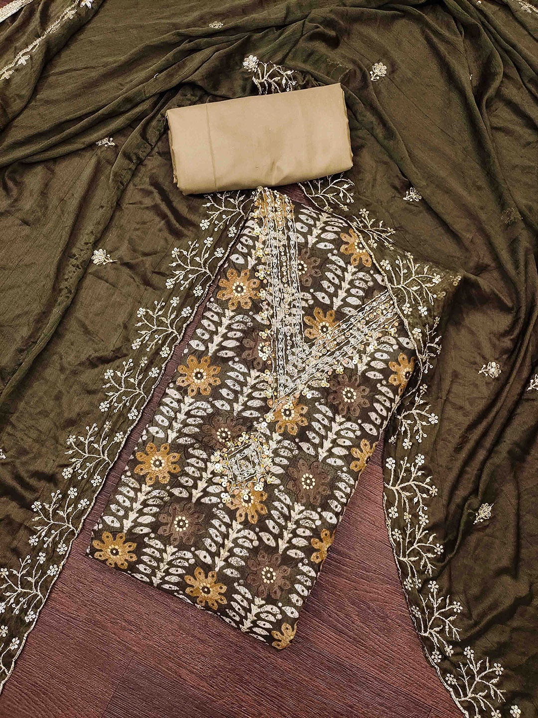 

KIMISHA Floral Embellished Beads And Stones Unstitched Dress Material, Brown