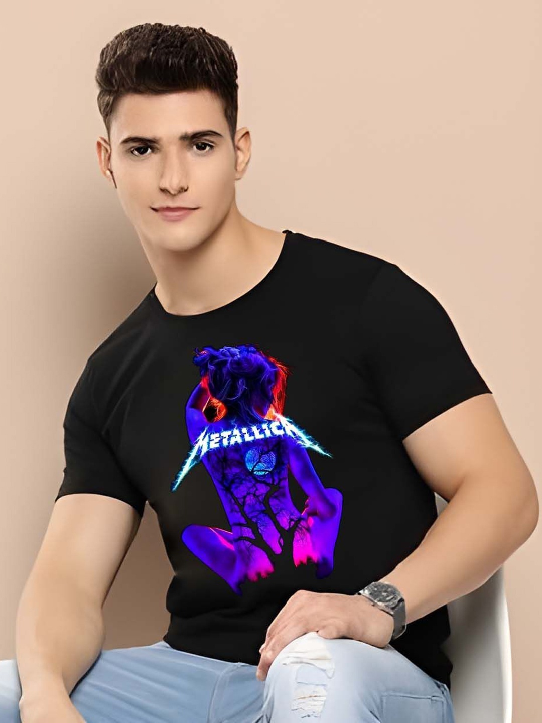 

Moda Rapido Men Drop-Shoulder Sleeves Pure Cotton T-shirt, Black