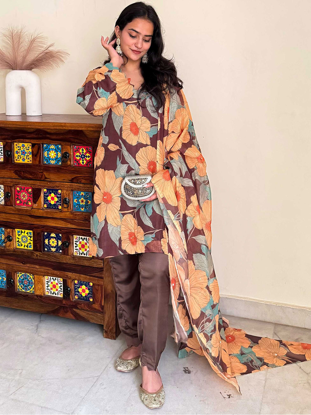 

ALLUREARMOIRE Floral Printed V-Neck Organza Straight Kurta With Trousers & Dupatta, Brown