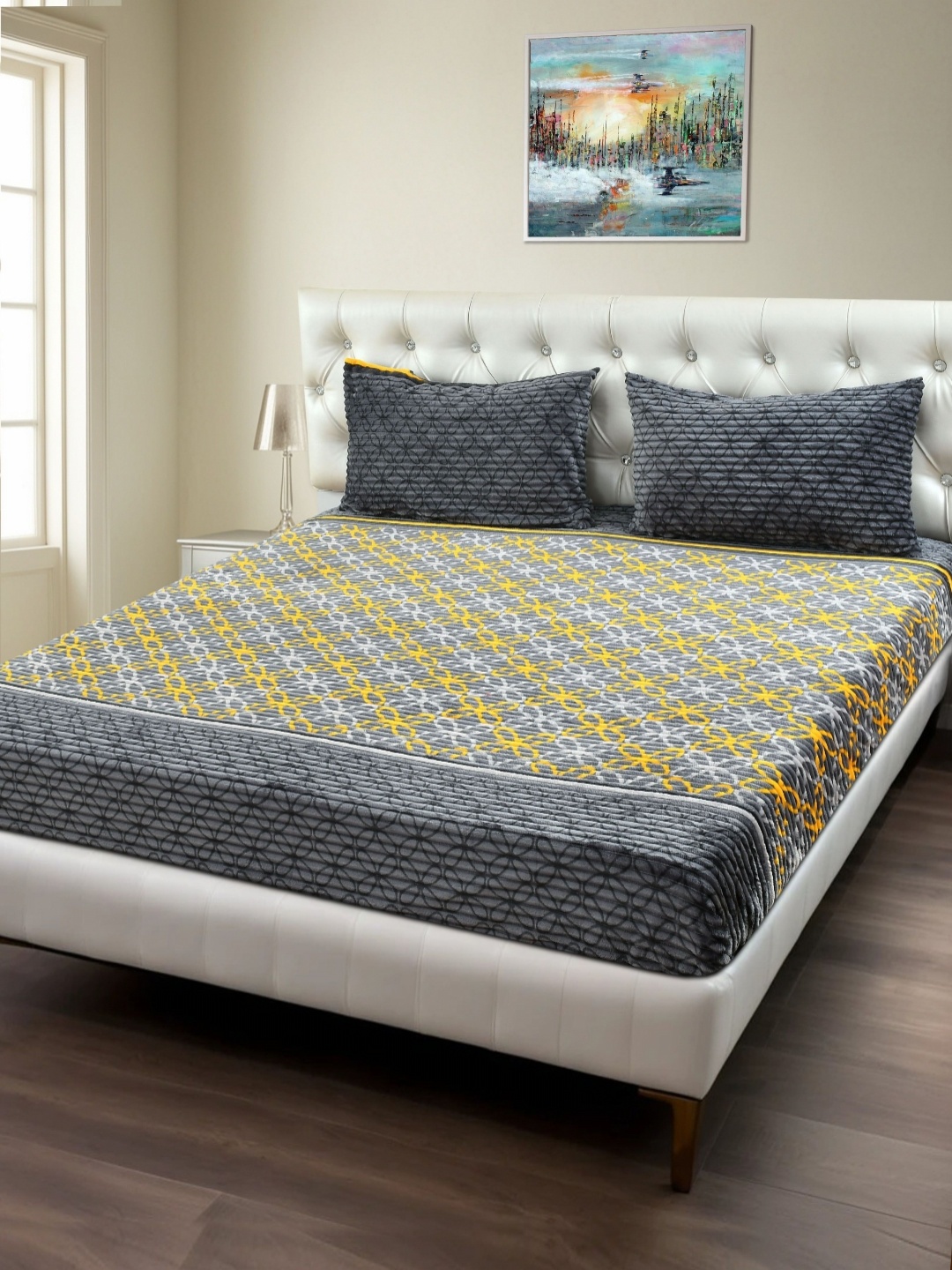 

MORADO Grey Melange & Yellow Floral 180 TC Queen Bedsheet with 2 Pillow Covers