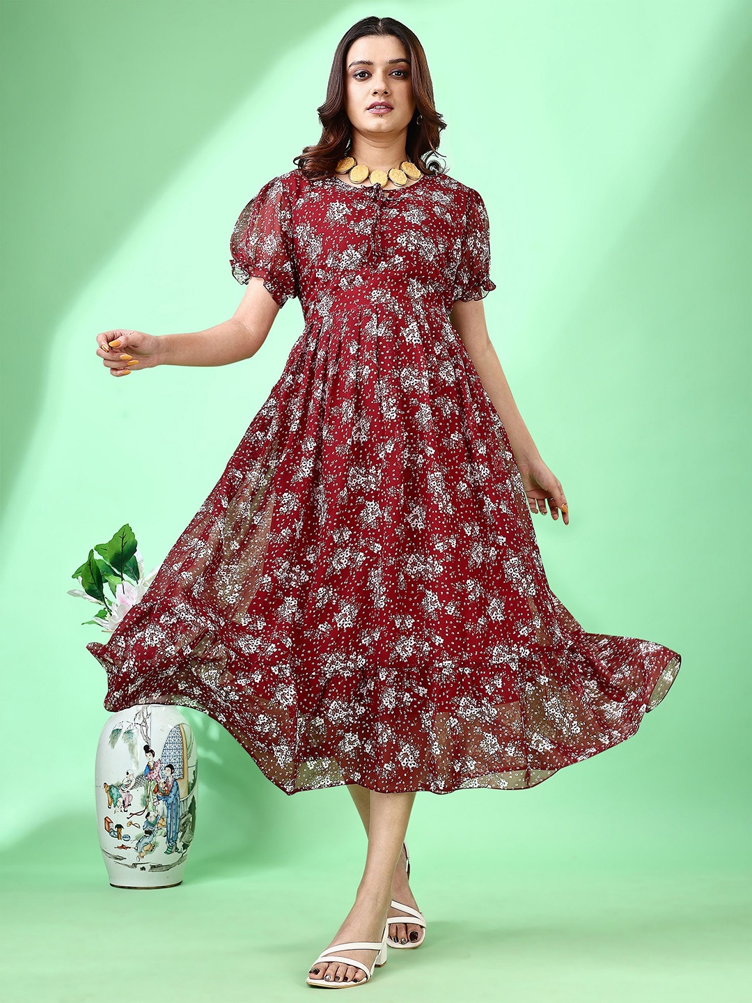 

Fashion2wear Floral Print Georgette A-Line Midi Dress, Maroon