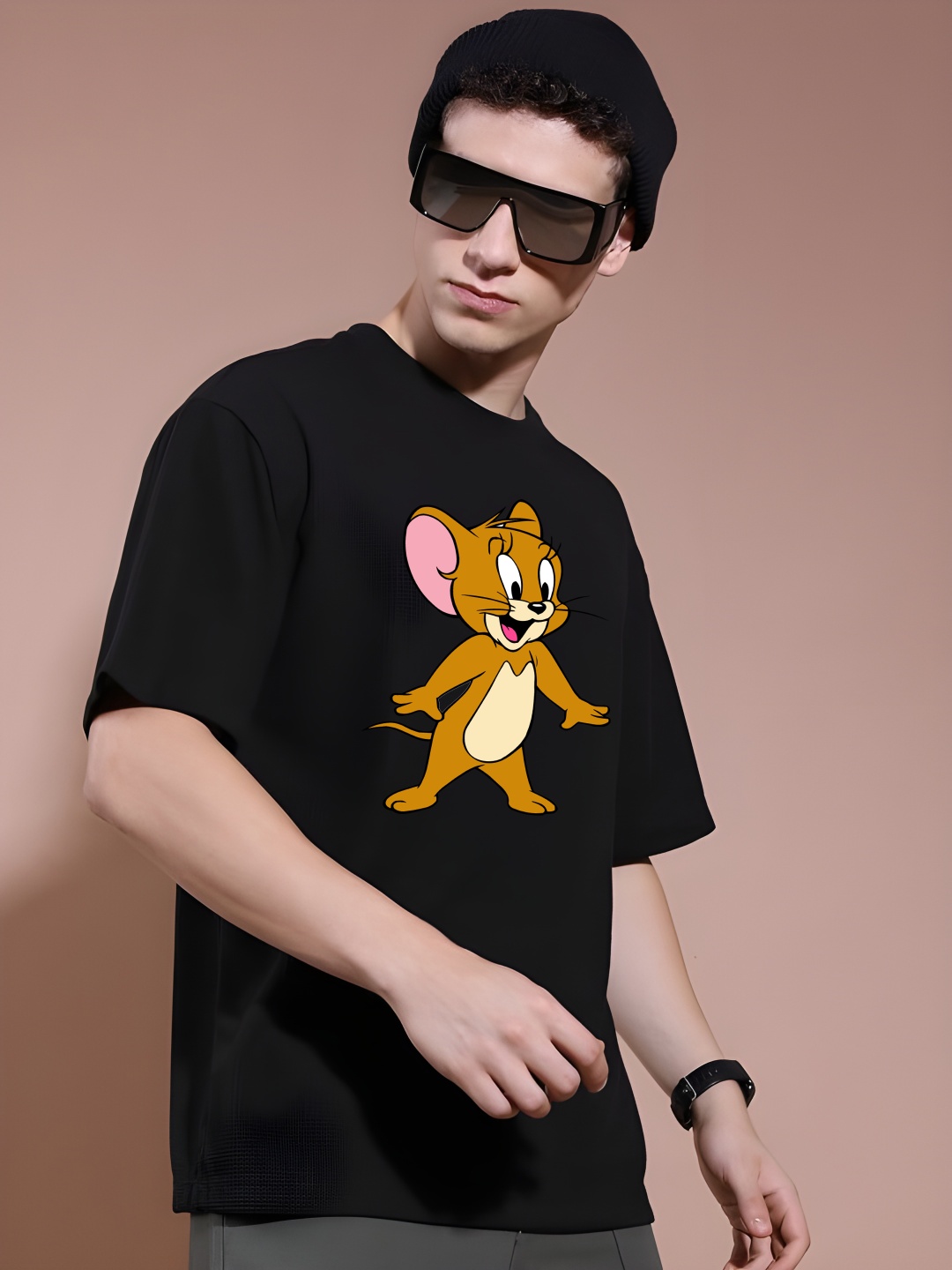 

Krimmple Men Tom & Jerry Graphic Printed Round Neck Pure Cotton Relaxed Fit T-shirt, Black