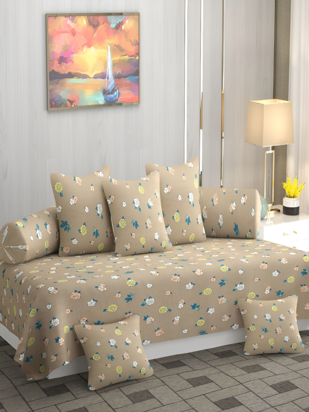 

Jizzby 8-Pcs Brown & Blue Printed Bed Sheet & 2 Booster With 5 Cushion, Beige