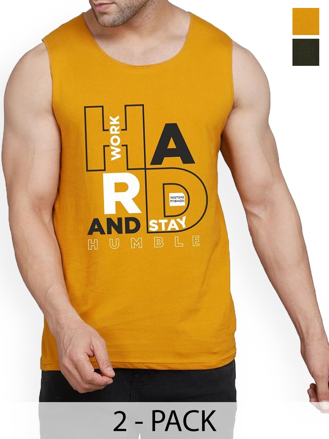 

WOOSTRO Pack Of 2 Printed Cotton Gym Vests RS26 CMB (HARD MUSTARD) (RUN OLIVE)