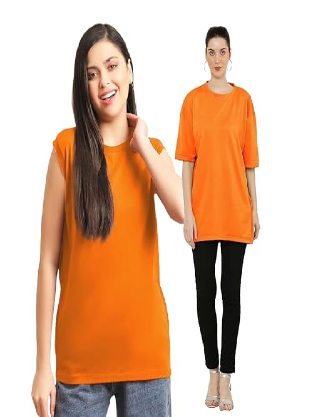 

NOTWILD Women Pack Of 2 Solid Round Neck Cotton T-shirts, Orange