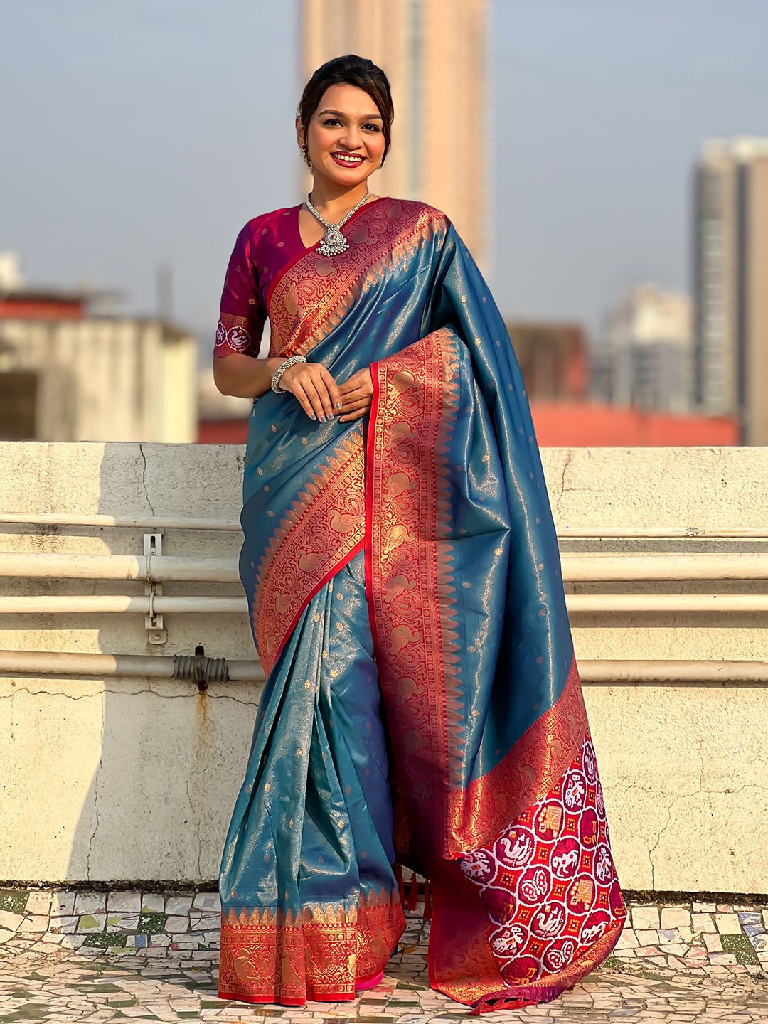 

Panzora Ethnic Motifs Woven Design Zari Patola Saree, Teal