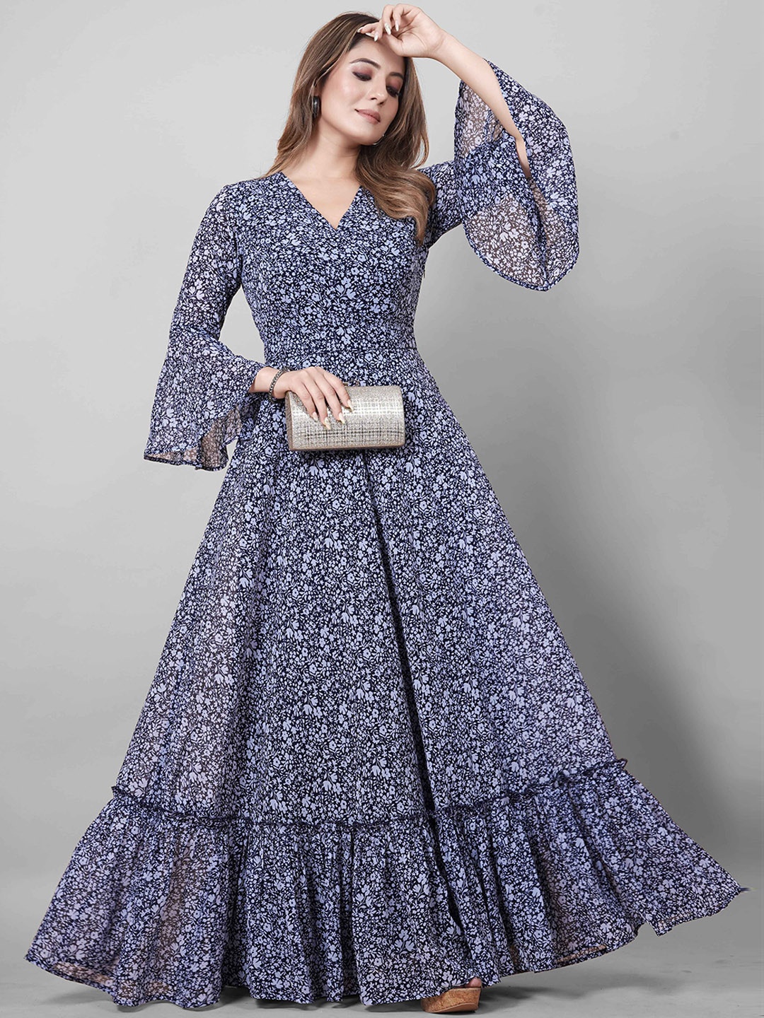 

Chandbaali Floral Printed Fit & Flared Maxi Dress, Navy blue