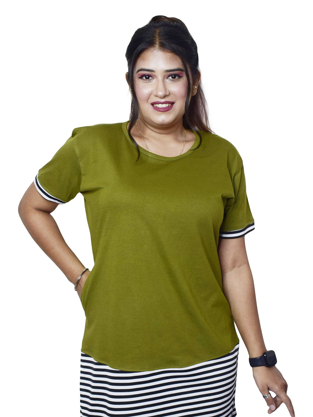 

PINK SHELL Women Striped Round Neck Cotton T-shirt, Olive