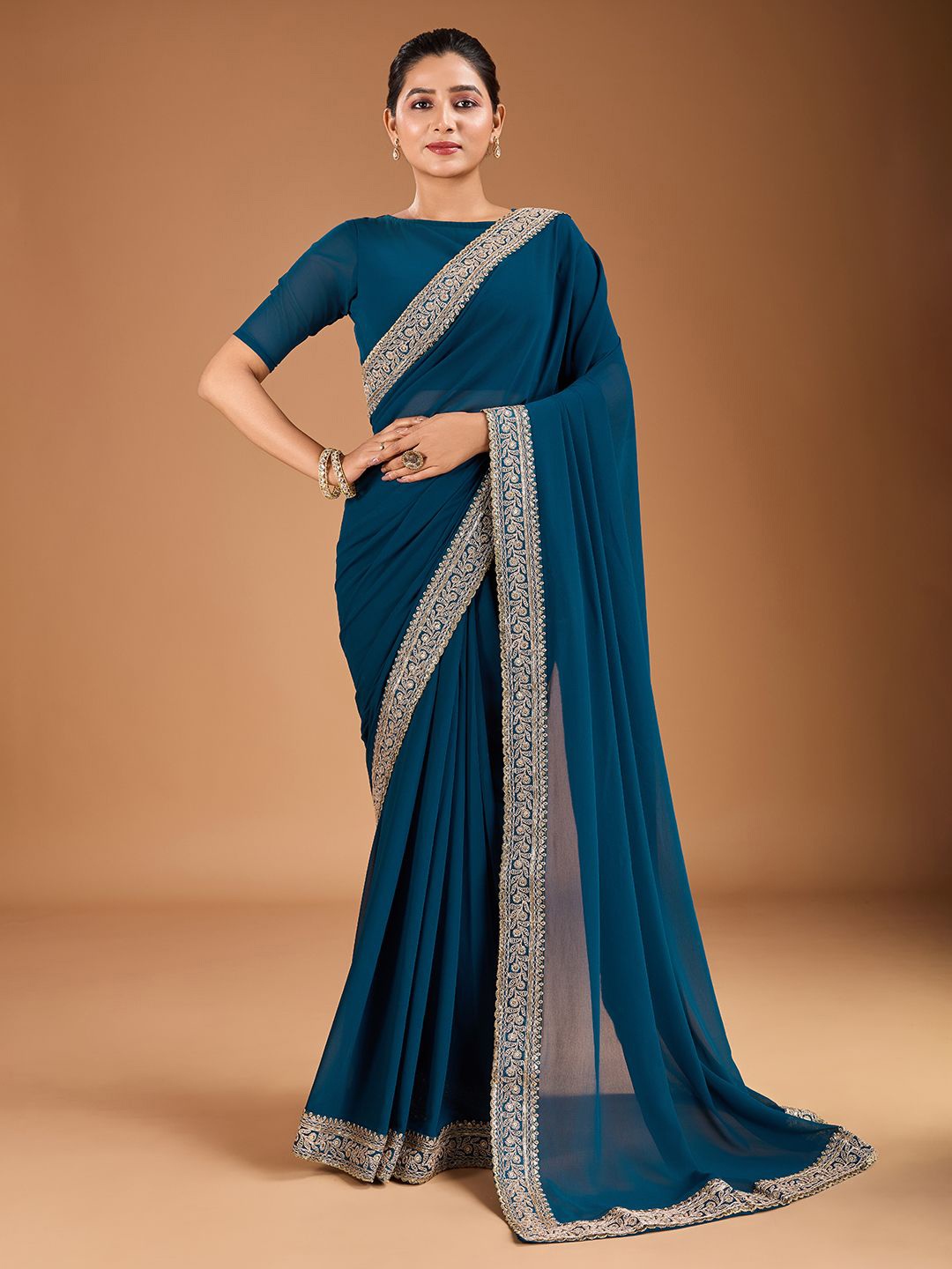 

House of Pataudi Embroidered Border Saree With Blouse Piece, Teal