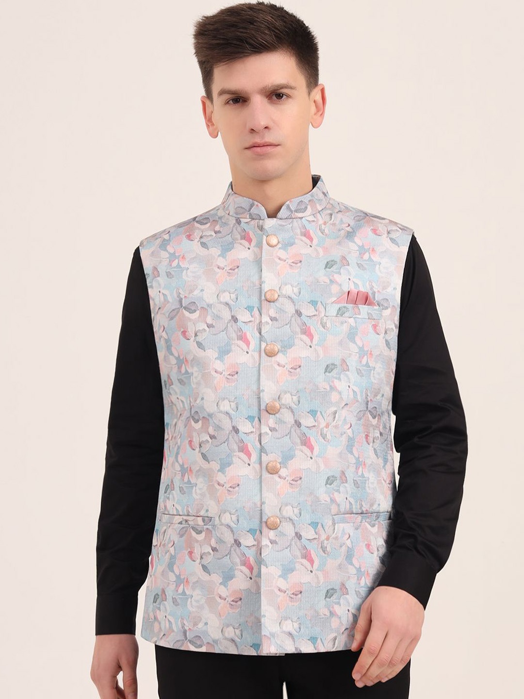

JB STUDIO Men Mandarin Collar Floral Printed Casual Nehru Jacket, White