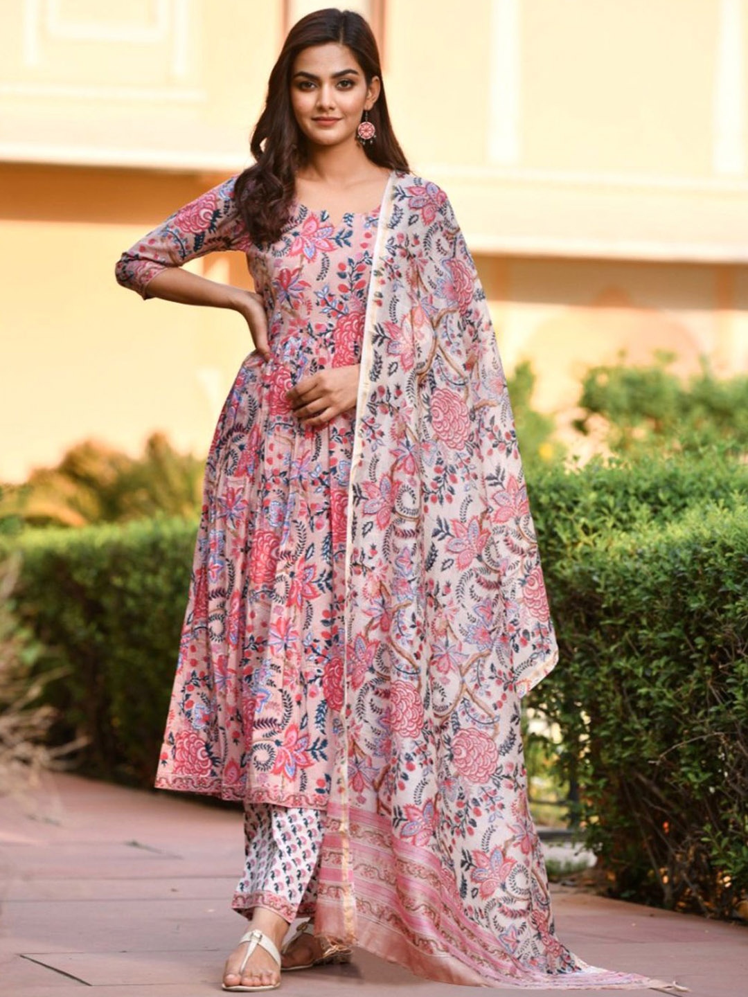 

Moda Rapido Floral Printed Notch Neck Anarkali Kurta With Trouser And Dupatta, Pink