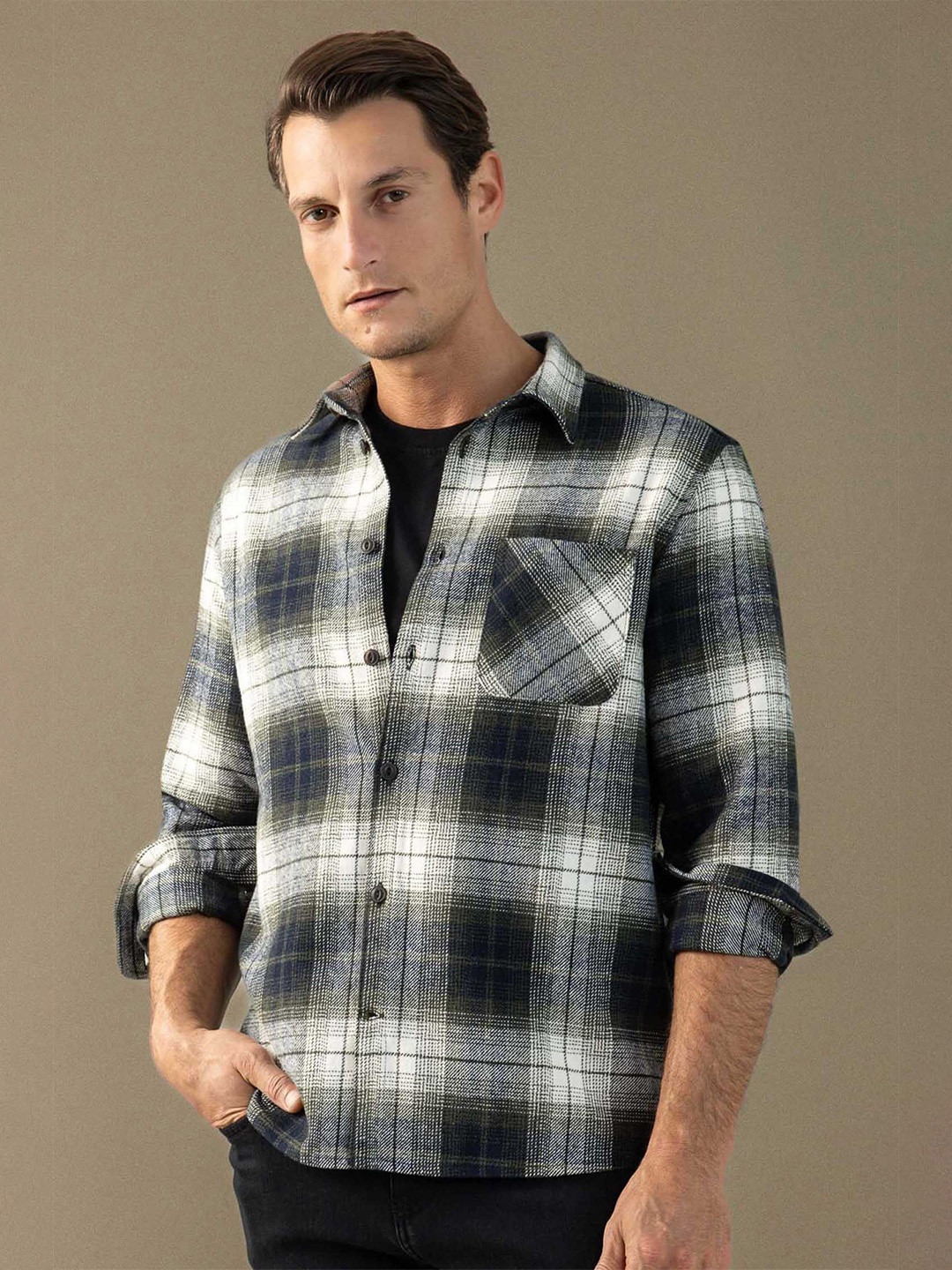 

DeFacto Men Spread Collar Tartan Checked Cotton Casual Shirt, Black