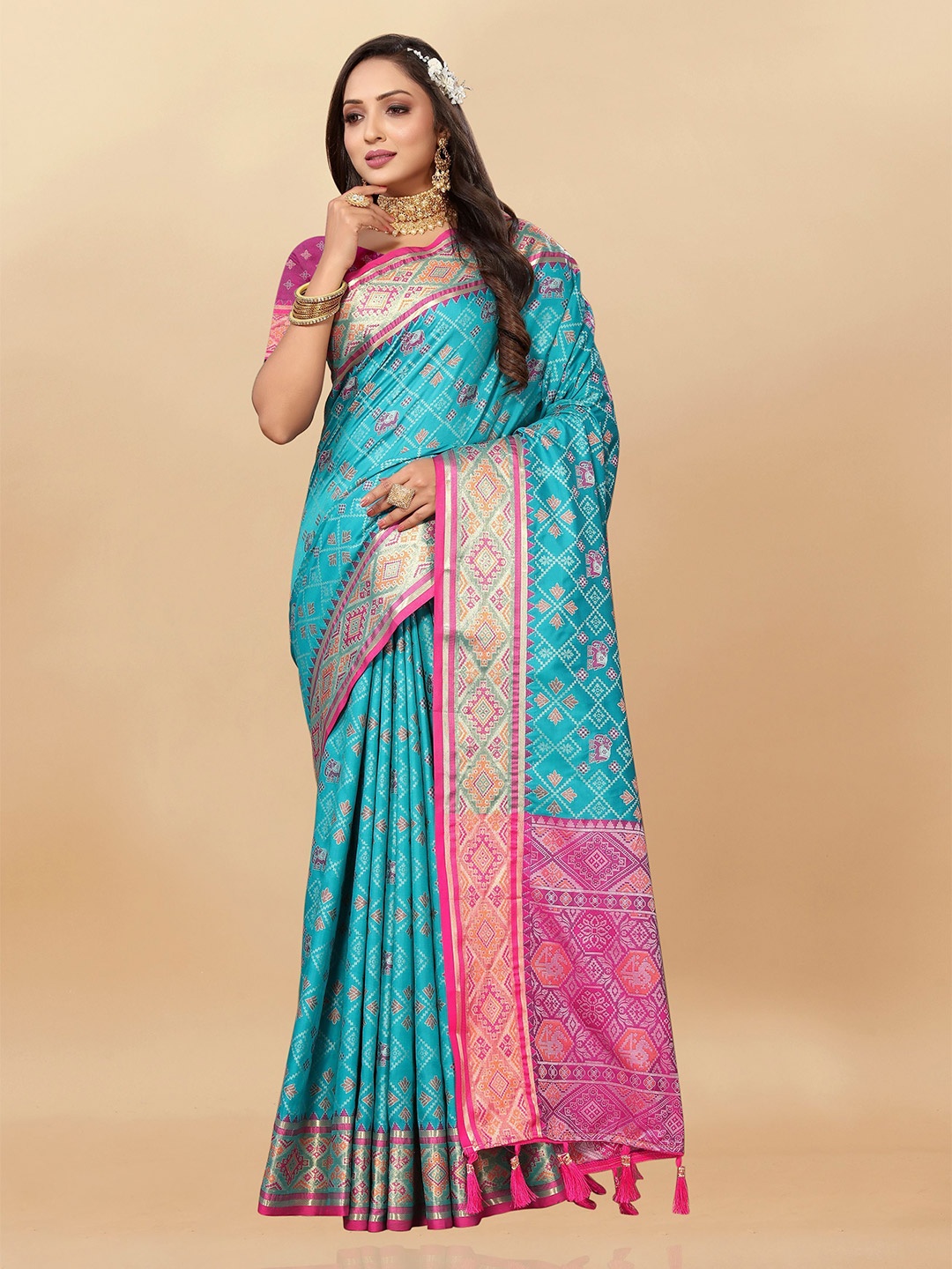 

bansari textiles Woven Design Zari Patola Saree, Blue