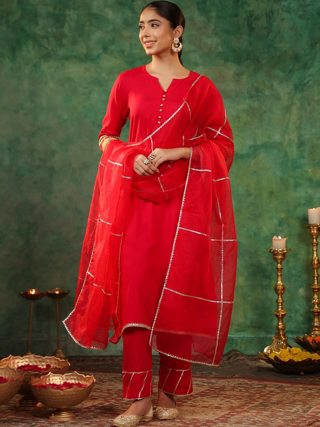 

Rain & Rainbow Round Neck Gotta Patti Kurta With Trousers & Dupatta, Fuchsia