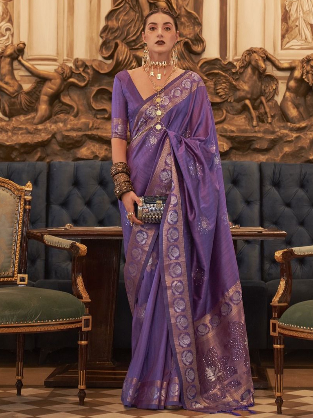 

Anouk Woven Design Floral Zari Banarasi Saree, Purple