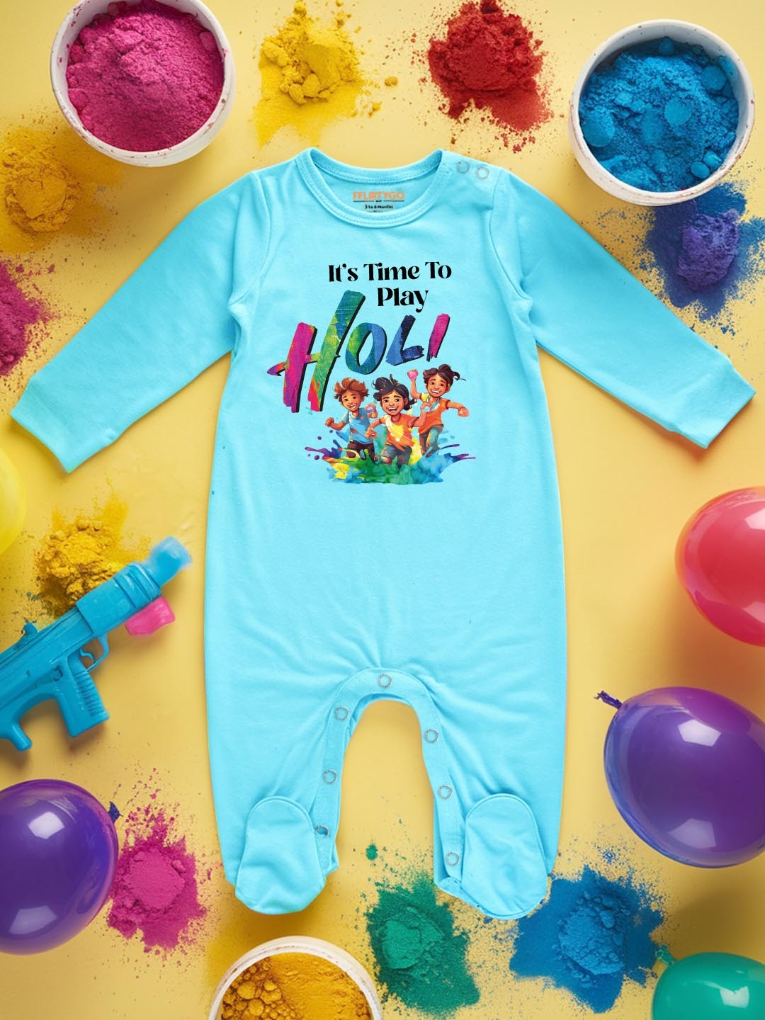 

FFLIRTYGO Infants Holi Printed Pure Cotton Sleepsuit, Turquoise blue