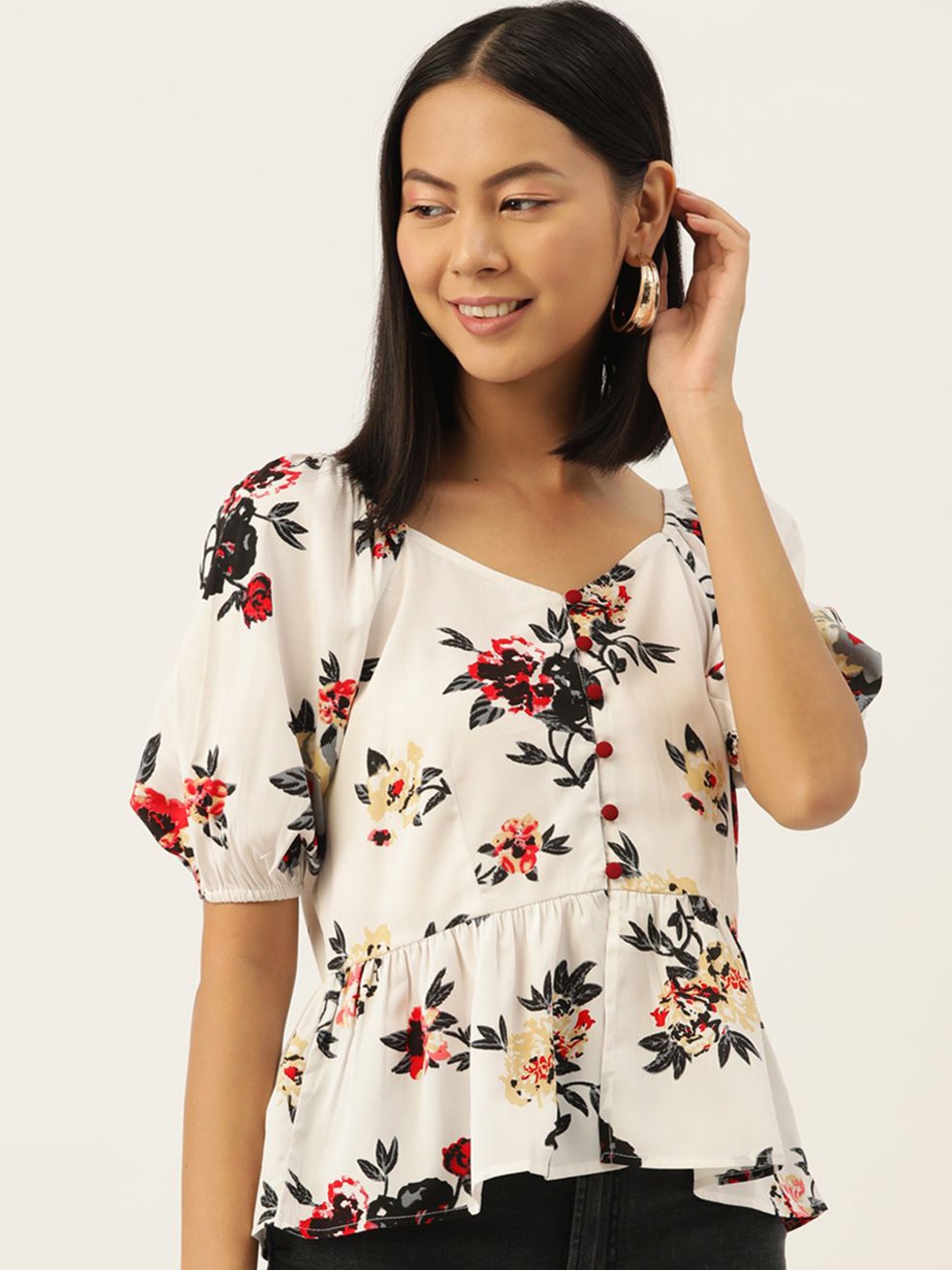 

Moda Rapido Floral Printed Georgette Peplum Top, White