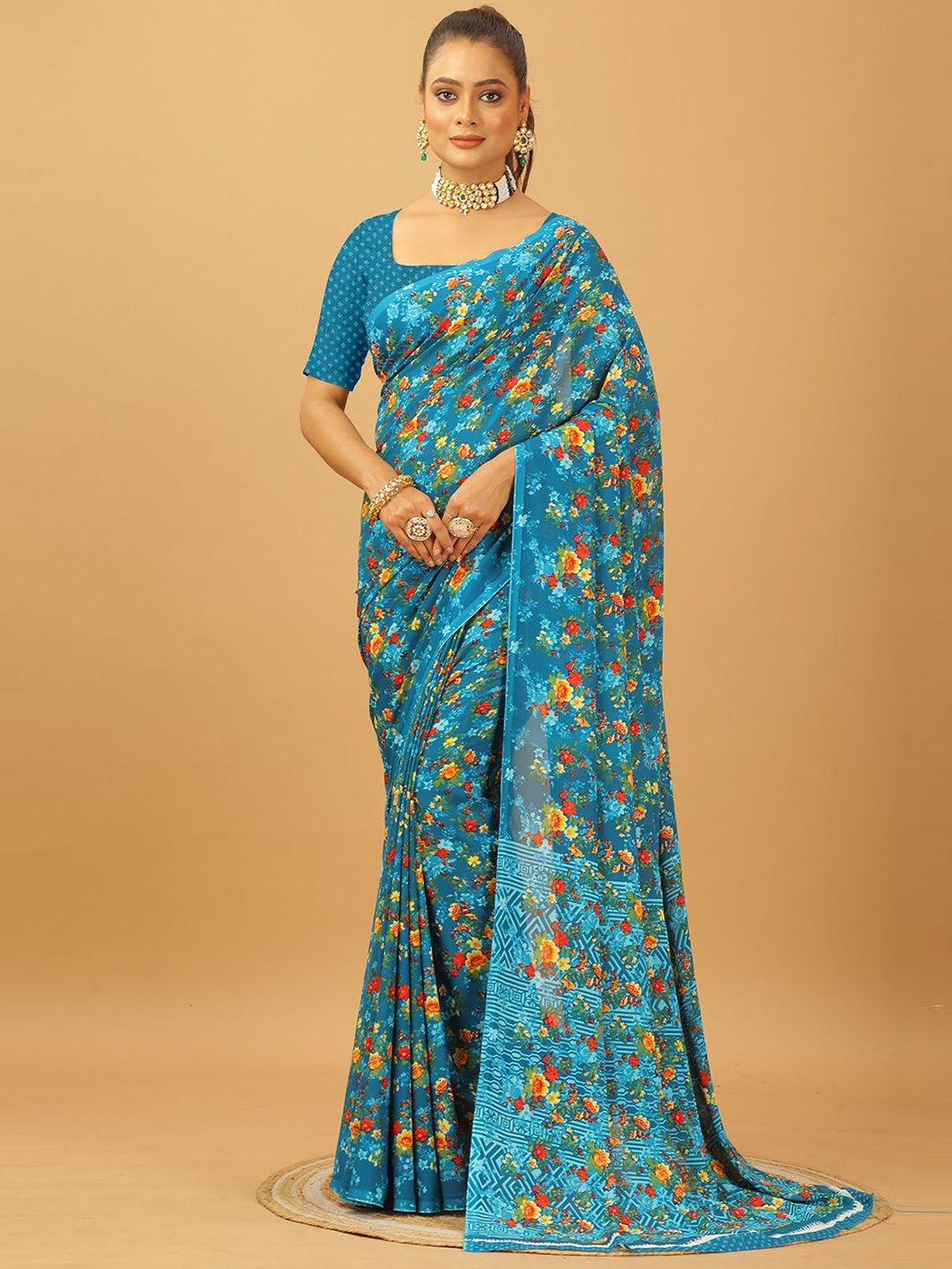 

A.V.M. SILK MILLS Floral Printed Pure Georgette Saree, Turquoise blue