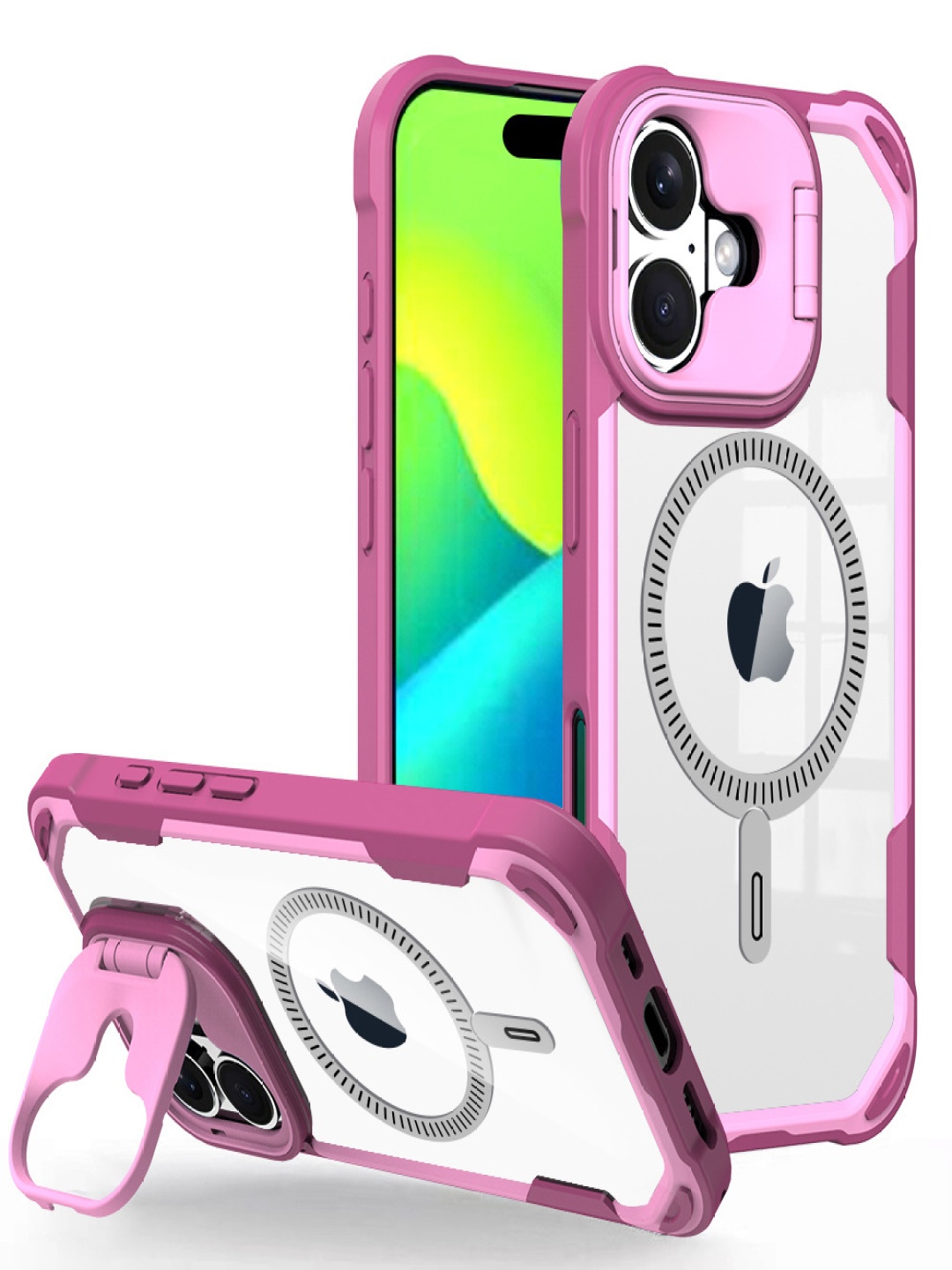 

Luxury Kase LK164 Solid iPhone 16 Invisible Stand Transparent Magnetic Back Case, Pink