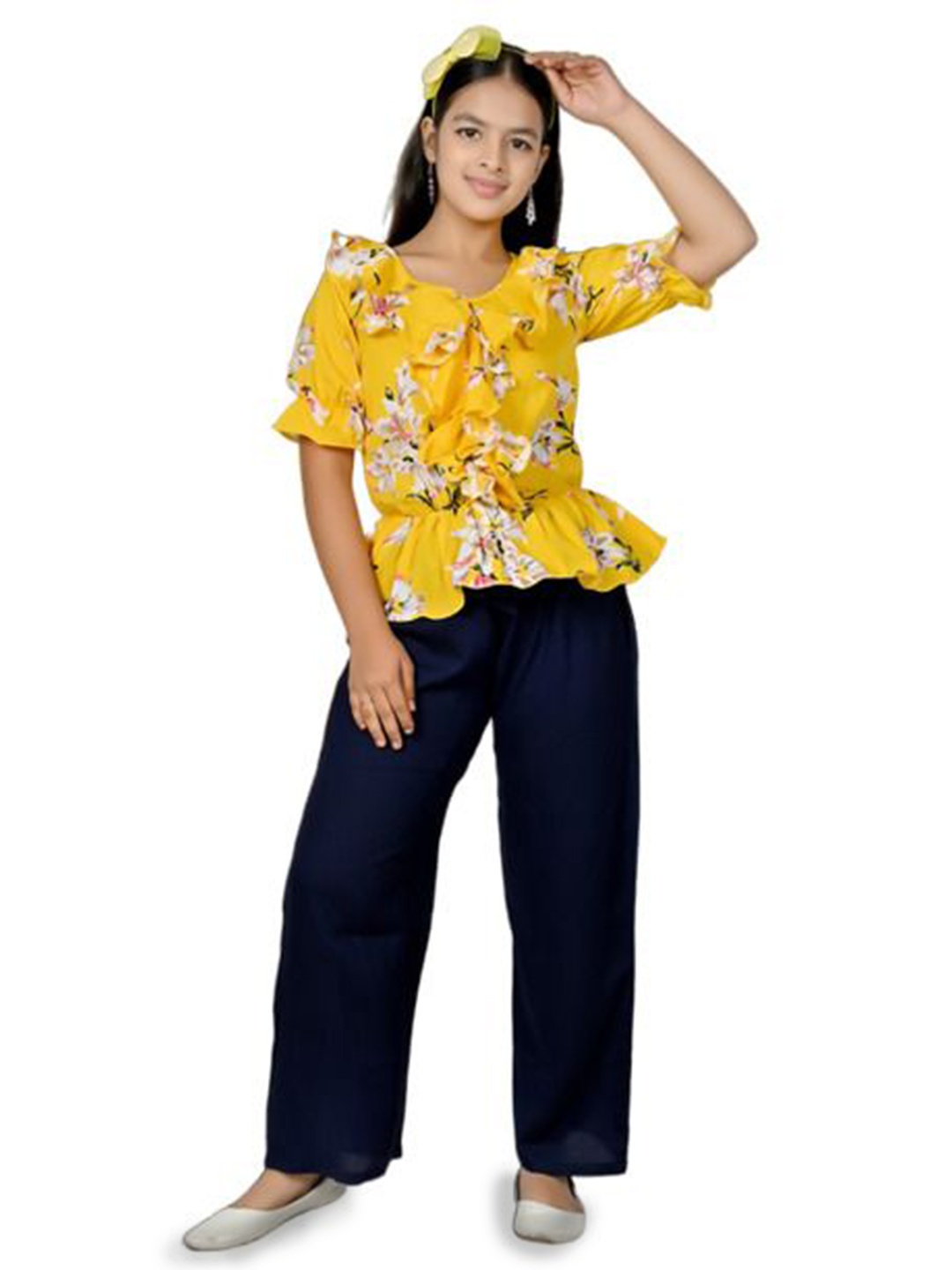 

NEYSA Girls Floral Printed Bell Sleeve Crepe Peplum Dress, Yellow