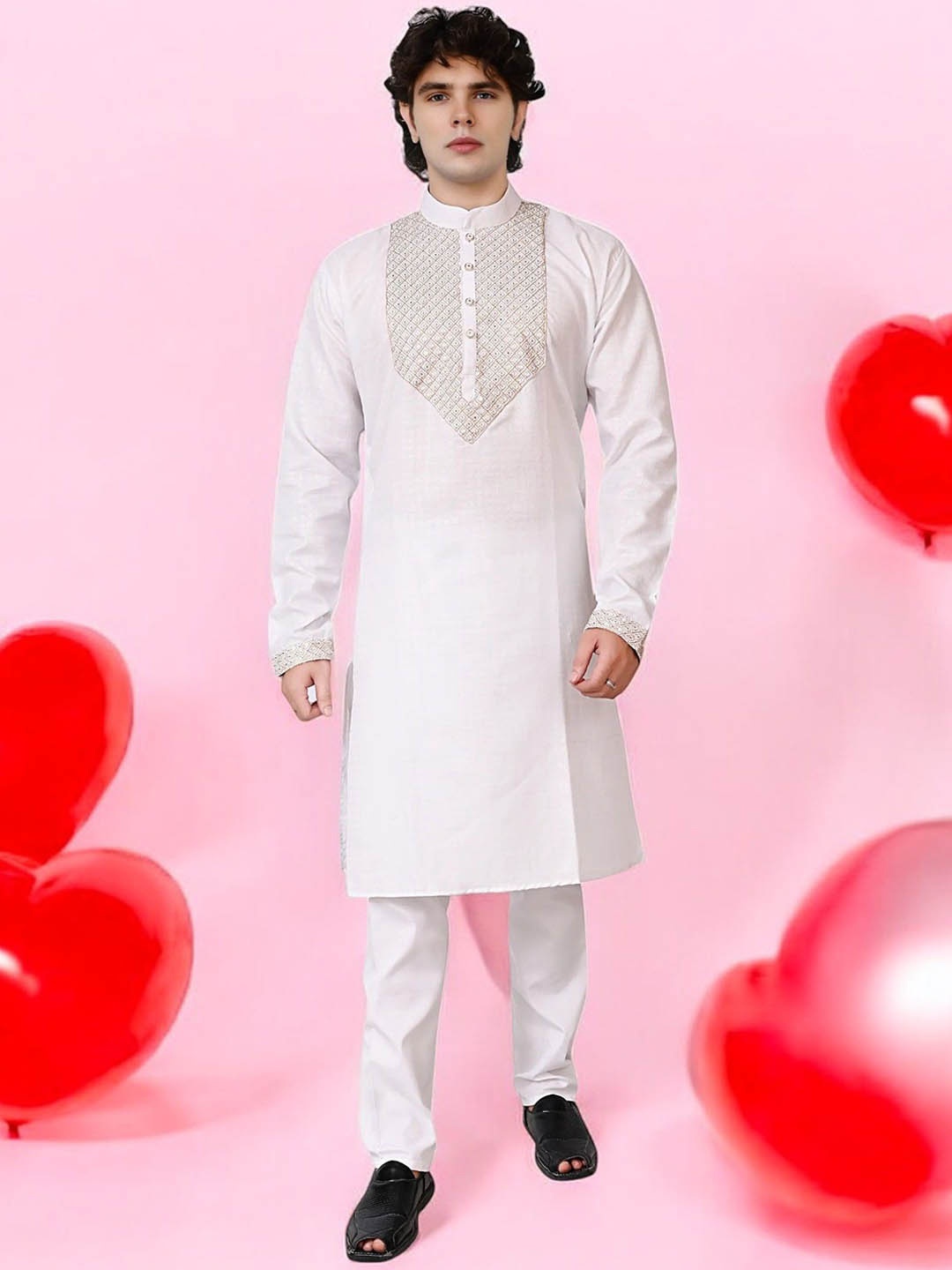 

Atly Geometric Yoke Design Mandarin Collar Sequinned Straight Kurta With Trouser, White