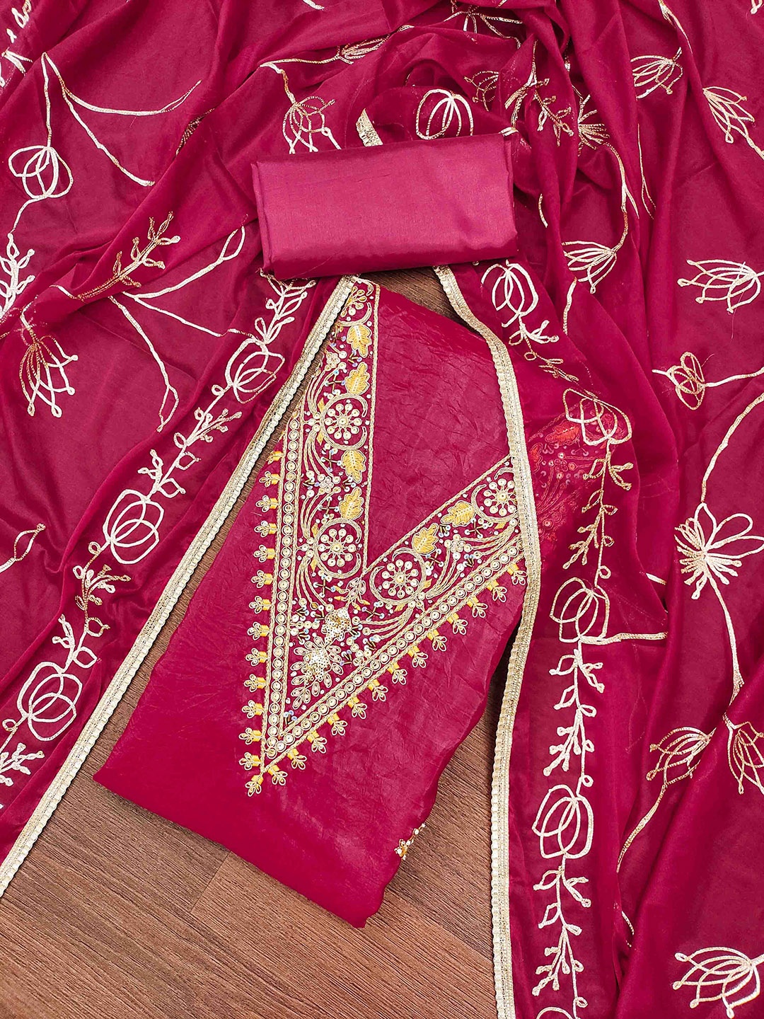 

KIMISHA Floral Embroidered Beads And Stones Unstitched Dress Material, Pink