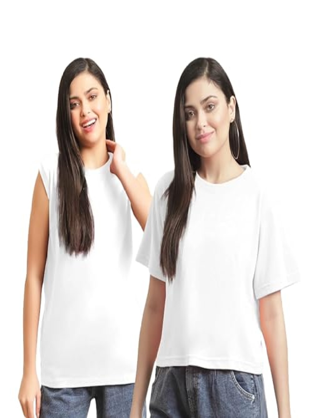 

NOTWILD Women Pack Of 2 Solid Round Neck Cotton T-shirts, White
