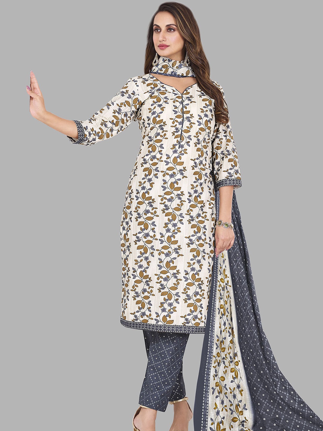 

Simmu Floral Printed Notch Neck Pure Cotton Straight Kurta With Trouser & Dupatta, White