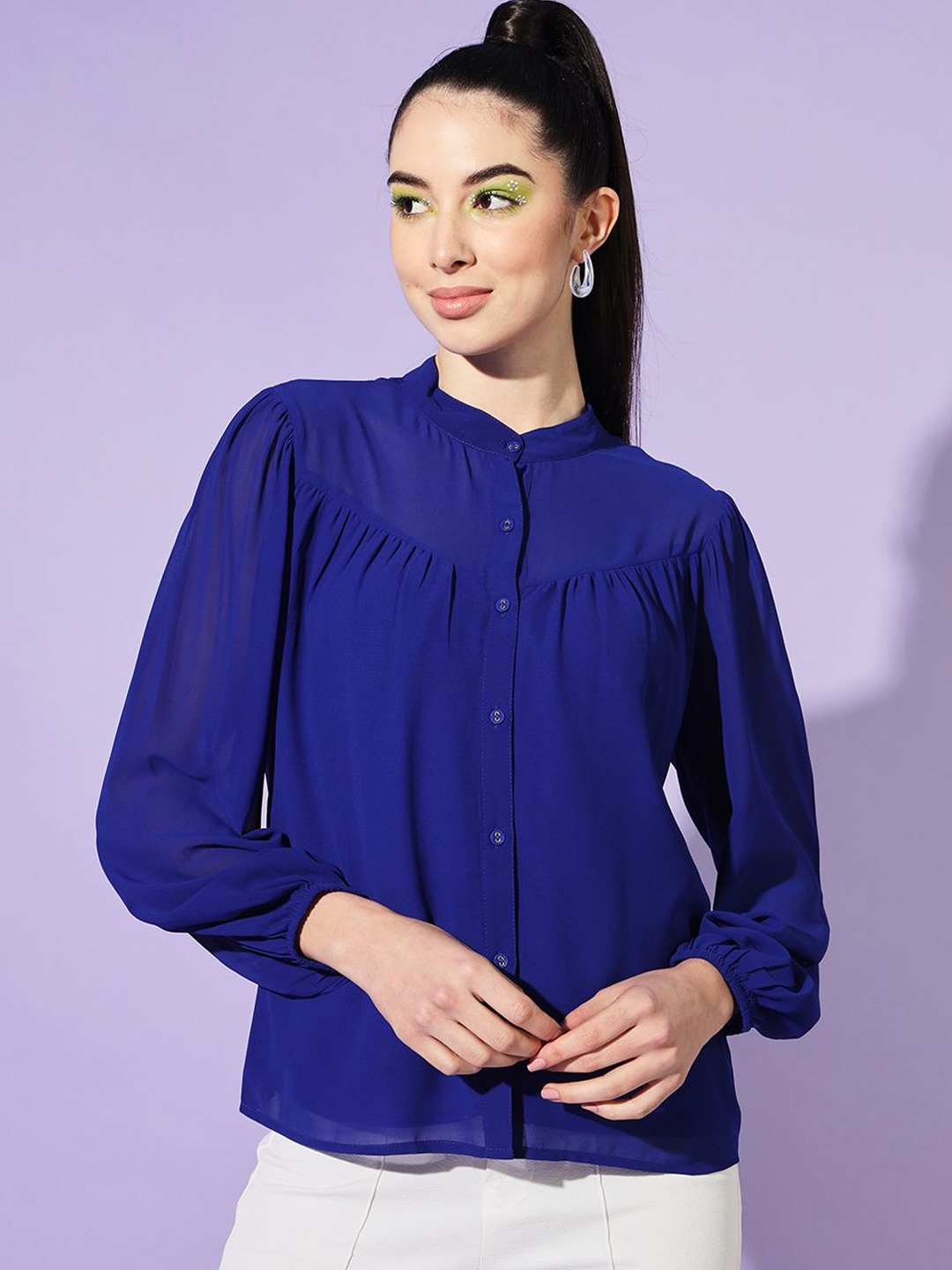 

Moda Rapido Mandarin Collar Puff Sleeve Shirt Style Top, Blue