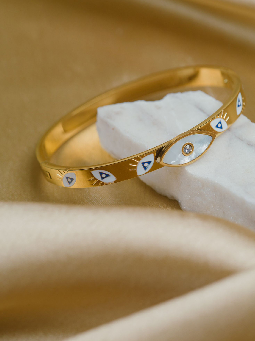 

ARTKLIM Gold-Plated Artificial Stones Studded Evil Eye Bangle-Style Bracelet