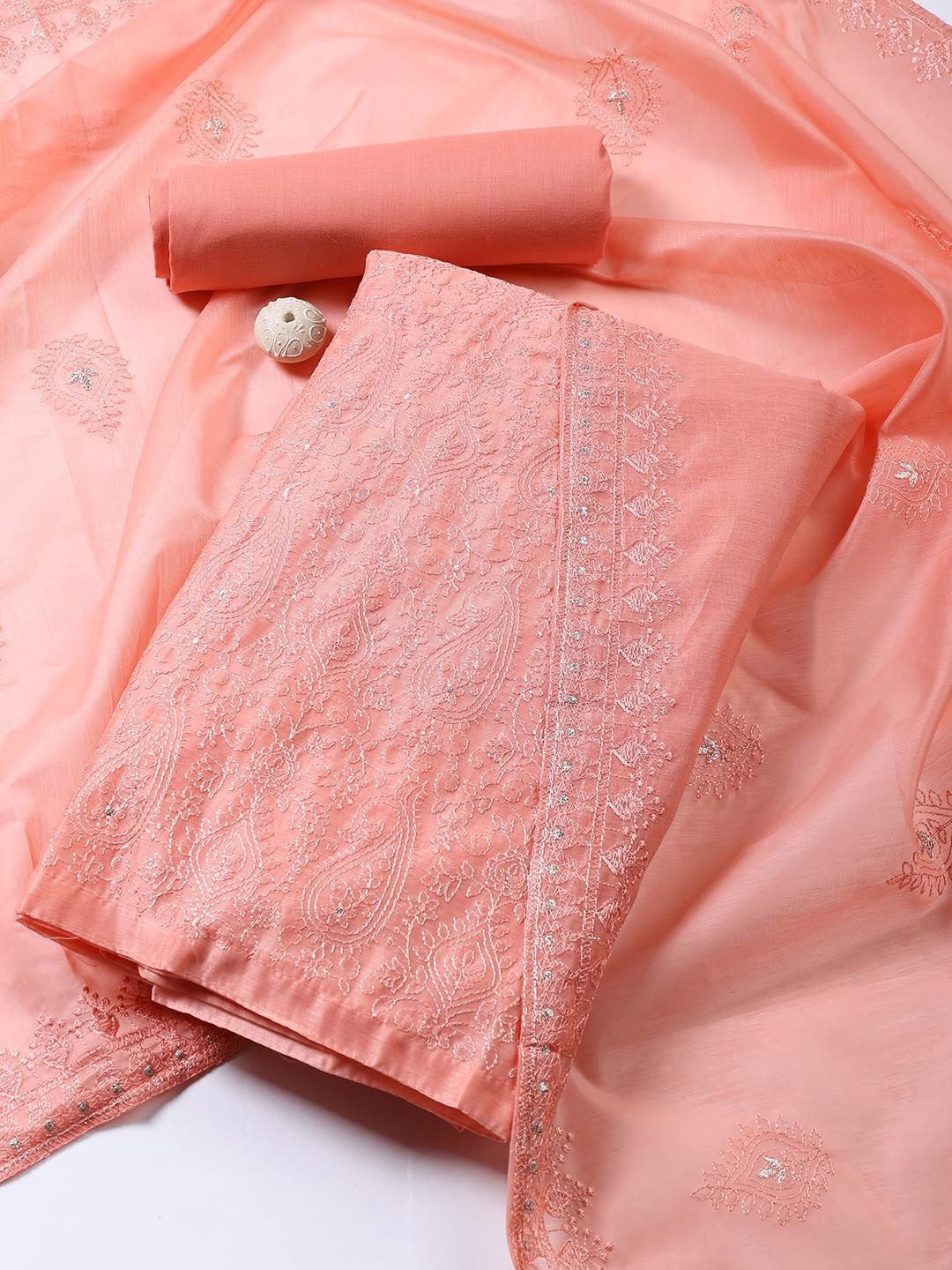 

Meena Bazaar Paisley Embroidered Sequinned Chanderi Unstitched Dress Material, Peach