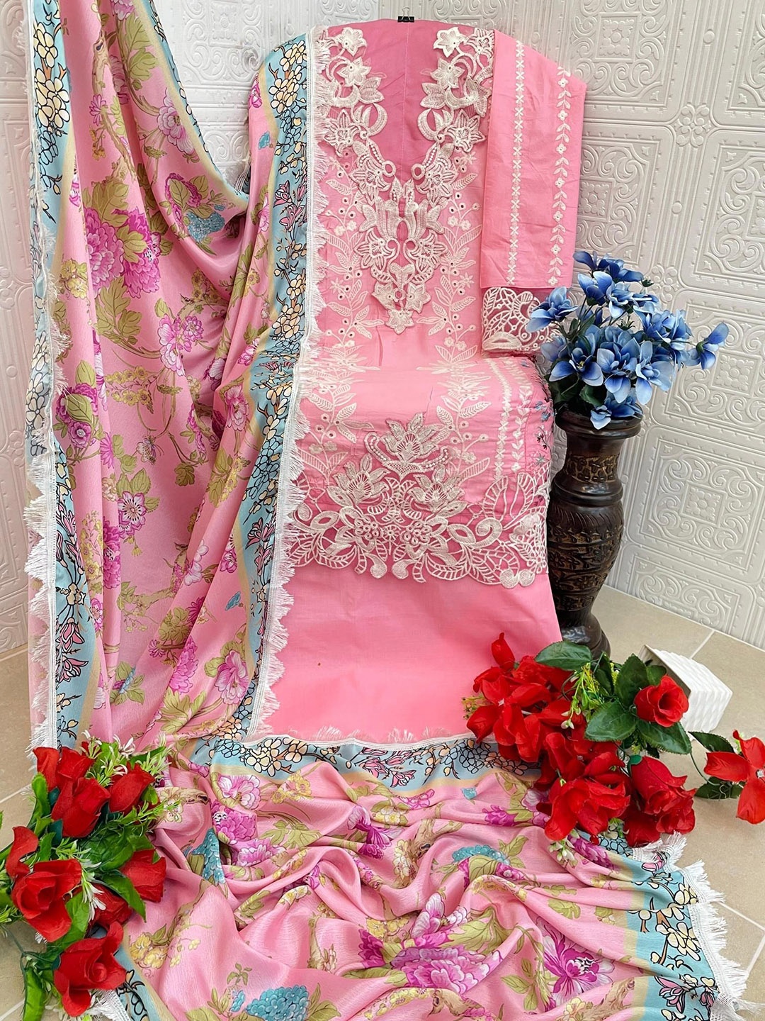 

ANAMSA Ethnic Motifs Embroidered Pure Cotton Semi-Stitched Dress Material, Pink