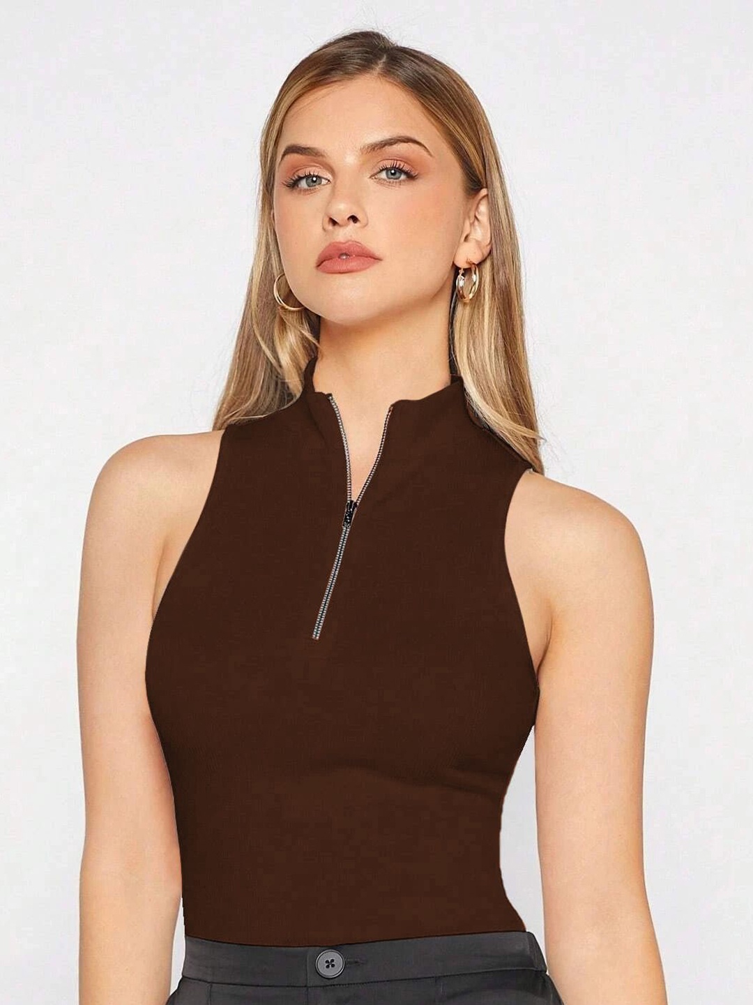 

classy fashion Women High Neck Cotton Tank Top, Brown
